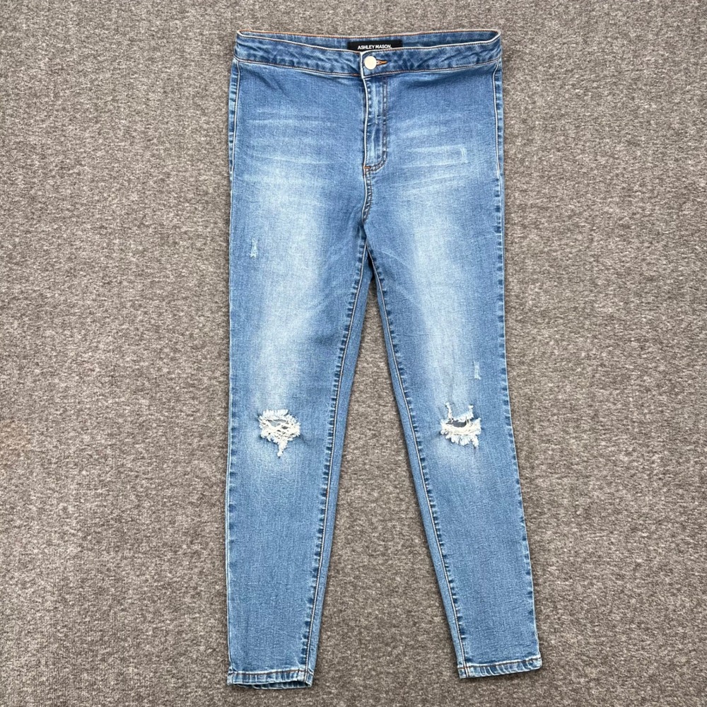 Ashley Mason Womens High Waisted 28 Distressed Skinny Jeans Medium Wash Blue